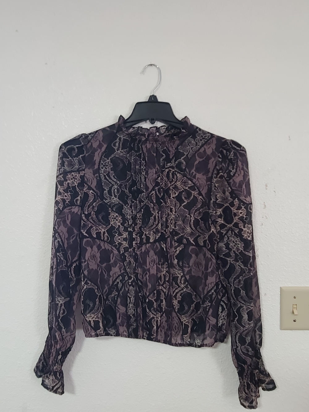 Guess Sheer Lace-Print Long Sleeve Blouse - Black & Mauve